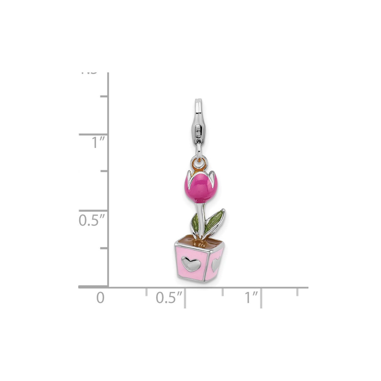 Sterling Silver Tulip Charm Pendant with Pink Enamel Flower Pot and Heart Cutouts