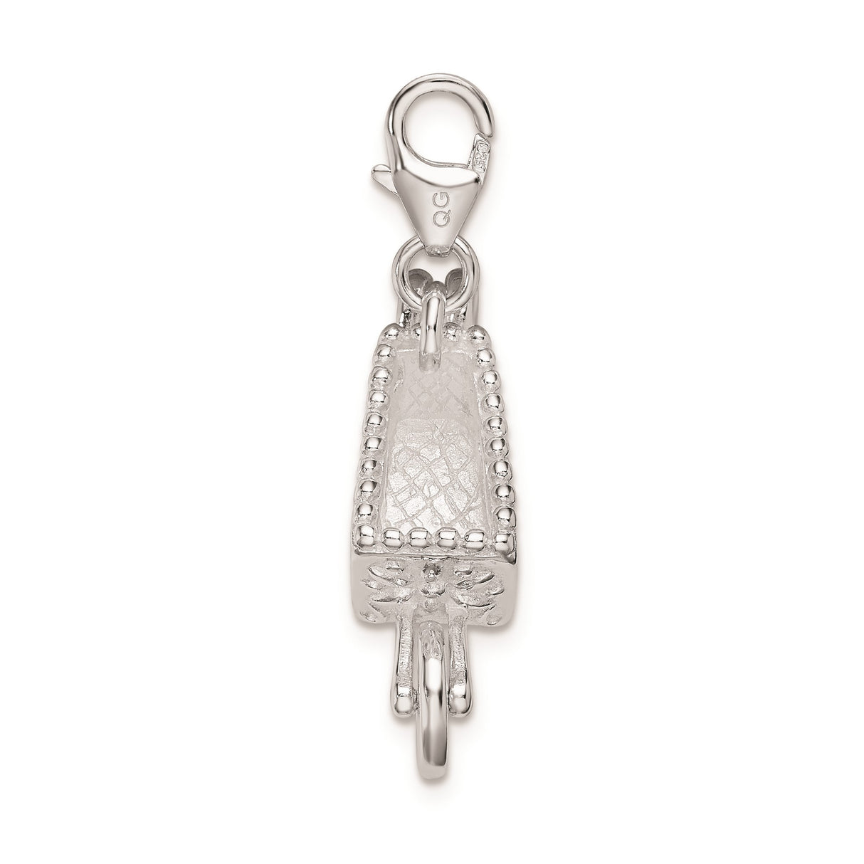 Sterling Silver Stroller Charm Pendant with White Enamel Flower and Scrollwork Detailing