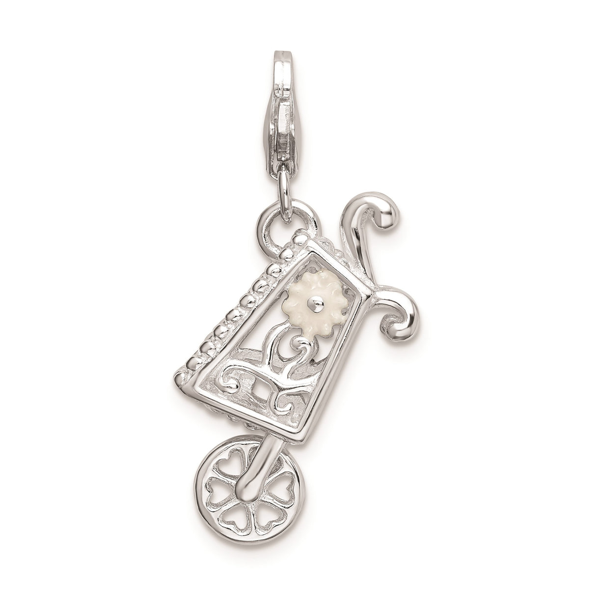 Sterling Silver Stroller Charm Pendant with White Enamel Flower and Scrollwork Detailing