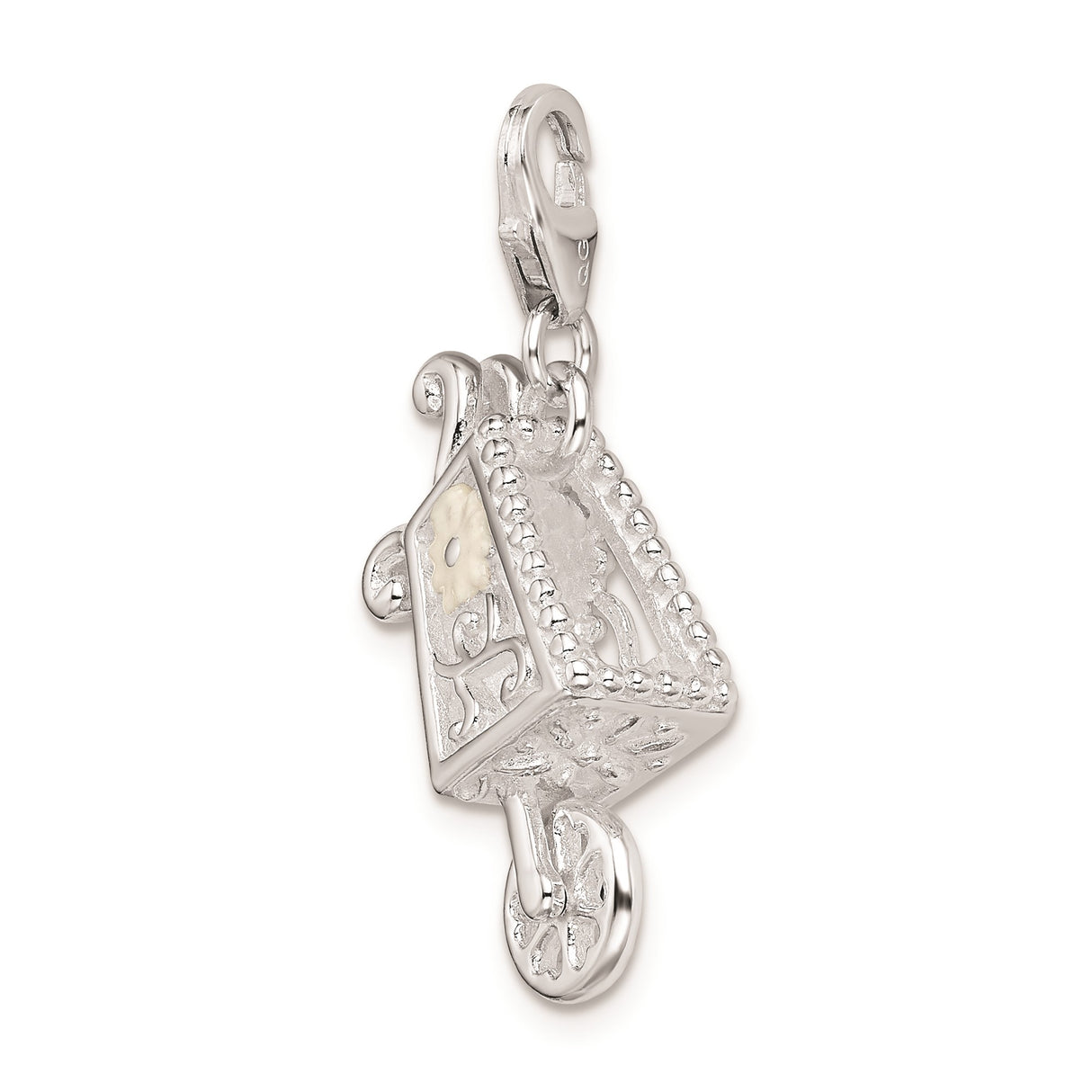 Sterling Silver Stroller Charm Pendant with White Enamel Flower and Scrollwork Detailing
