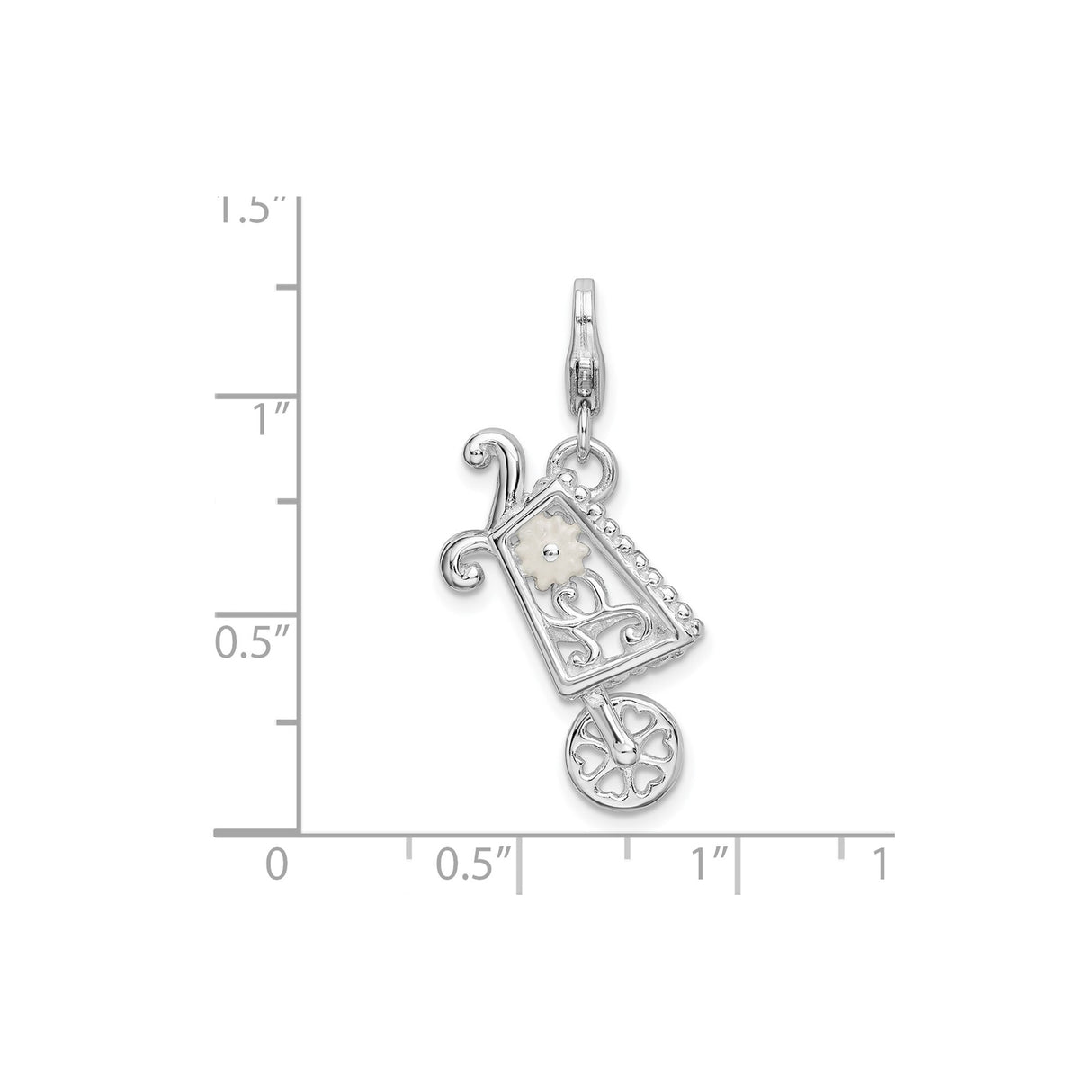 Sterling Silver Stroller Charm Pendant with White Enamel Flower and Scrollwork Detailing