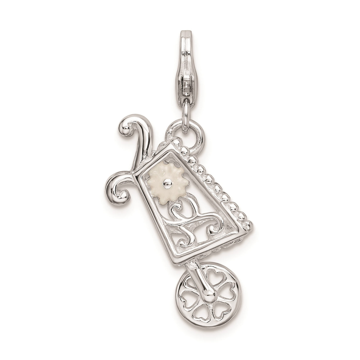 Sterling Silver Stroller Charm Pendant with White Enamel Flower and Scrollwork Detailing