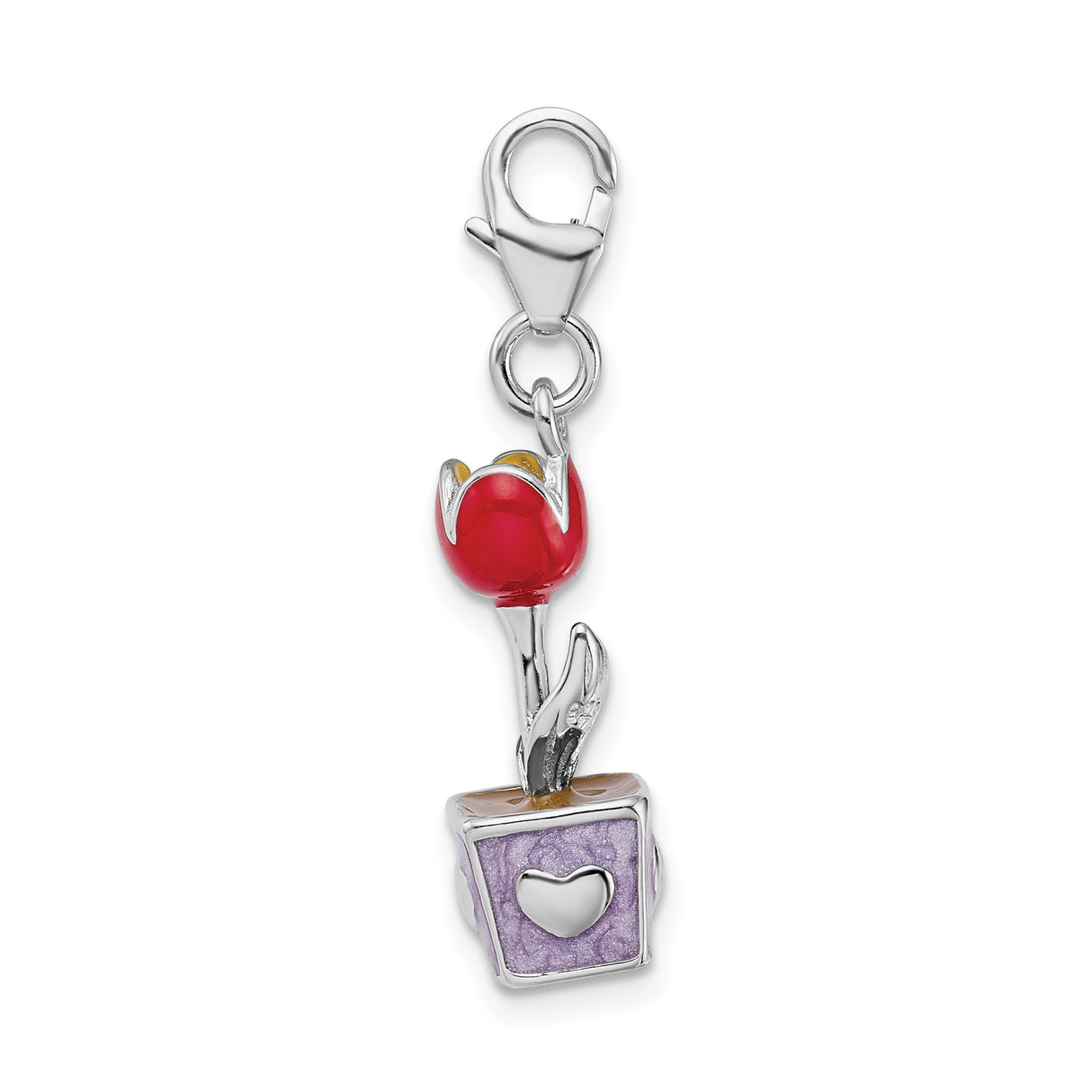 Sterling Silver Tulip Charm with Red Flower, Green Leaves, Purple Enamel Pot, Heart Cutouts