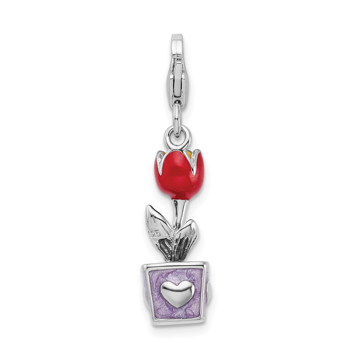 Sterling Silver Tulip Charm with Red Flower, Green Leaves, Purple Enamel Pot, Heart Cutouts
