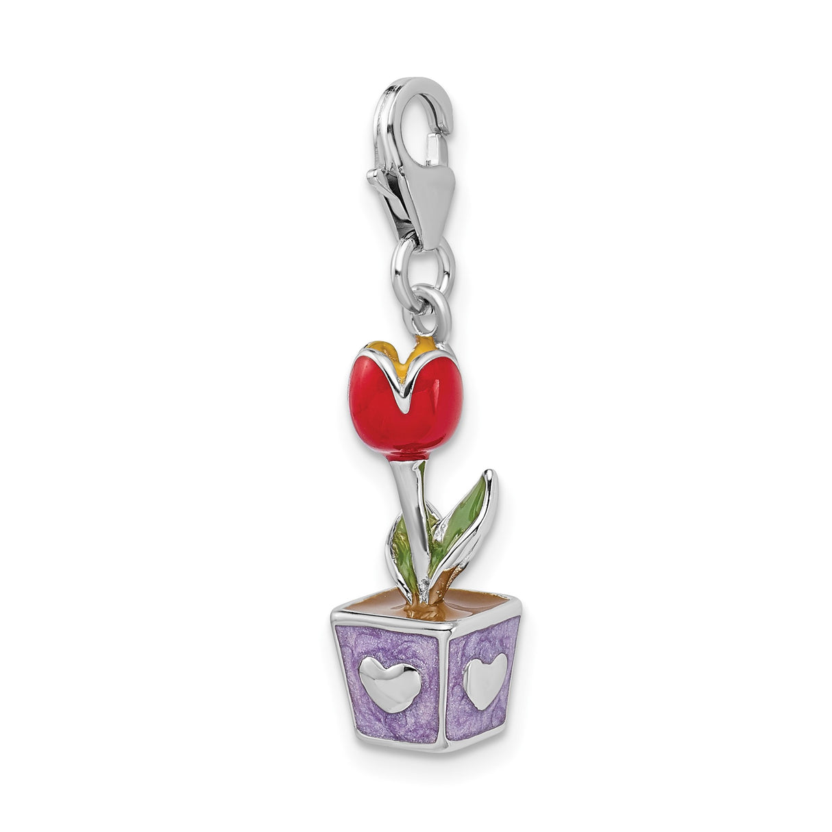 Sterling Silver Tulip Charm with Red Flower, Green Leaves, Purple Enamel Pot, Heart Cutouts