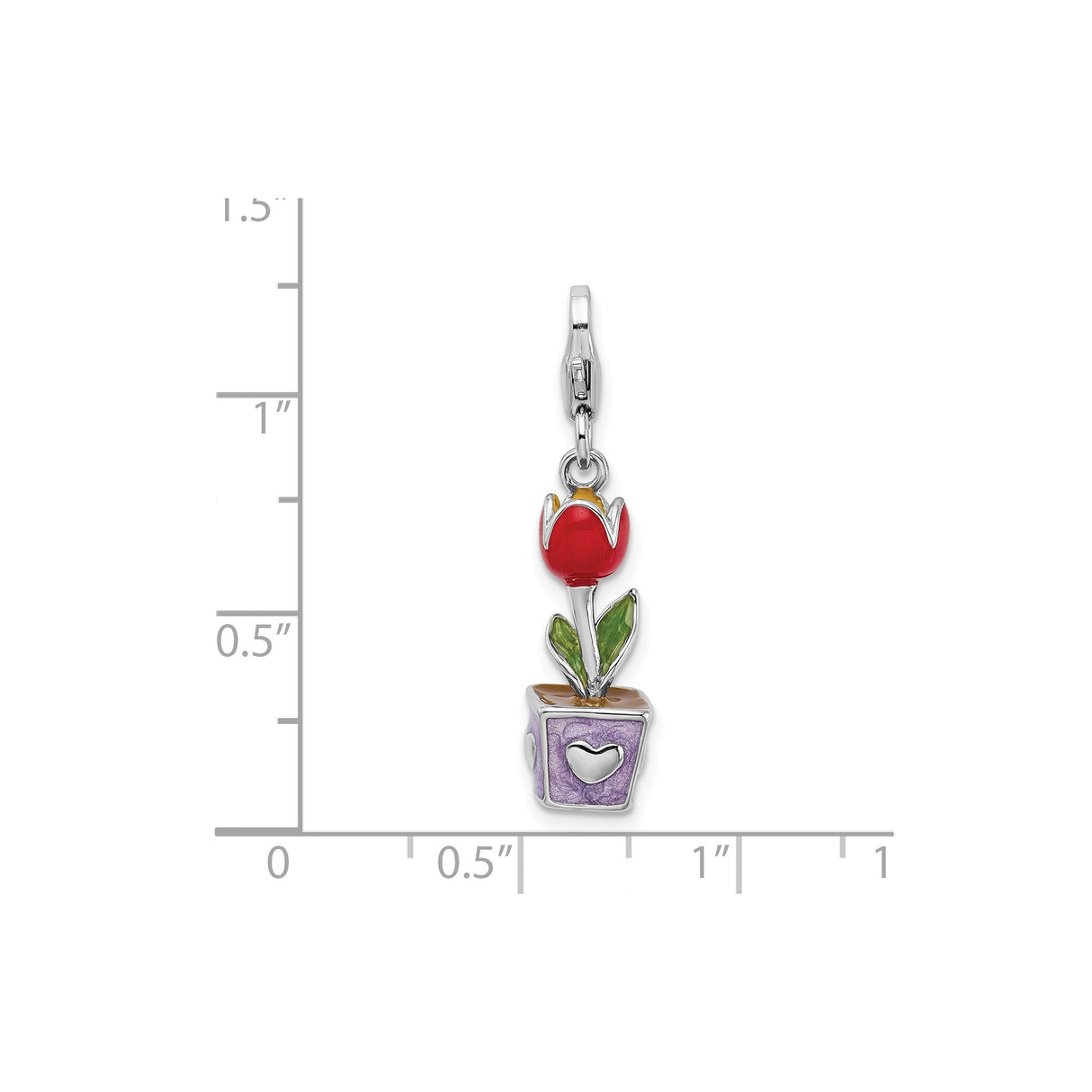Sterling Silver Tulip Charm with Red Flower, Green Leaves, Purple Enamel Pot, Heart Cutouts