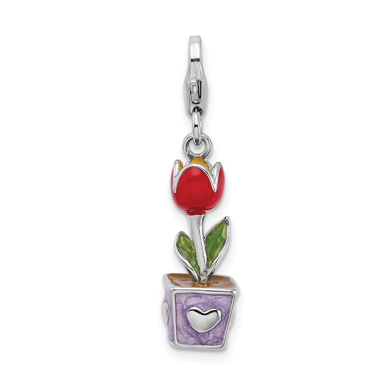Sterling Silver Tulip Charm with Red Flower, Green Leaves, Purple Enamel Pot, Heart Cutouts
