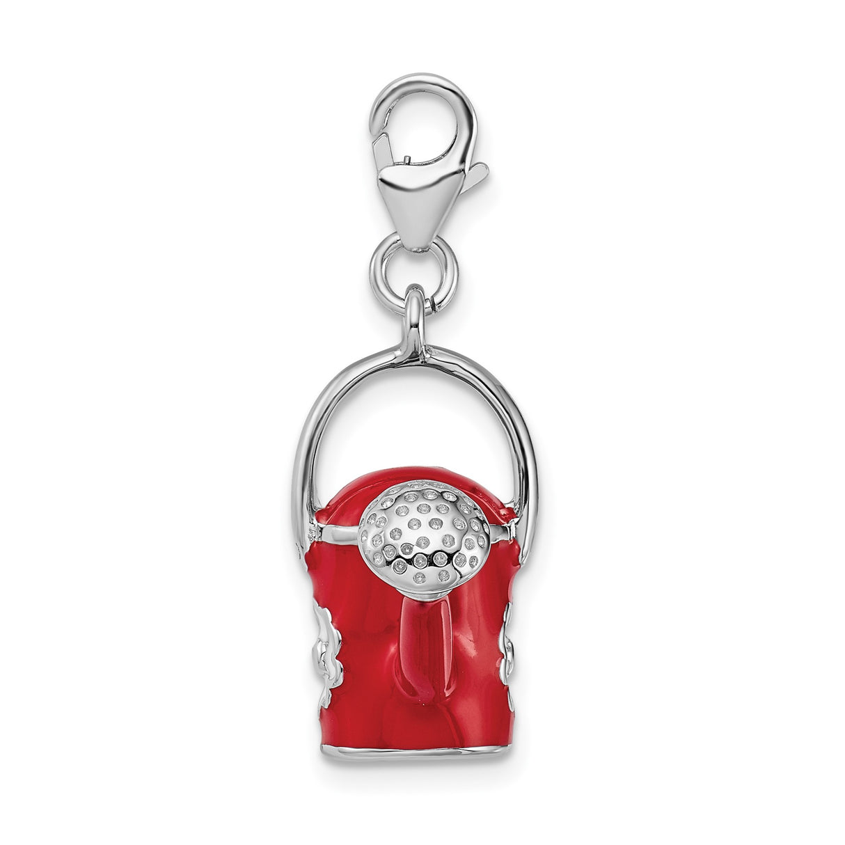 Sterling Silver Watering Can Charm Pendant with Red Enamel and White Flower, Garden Theme