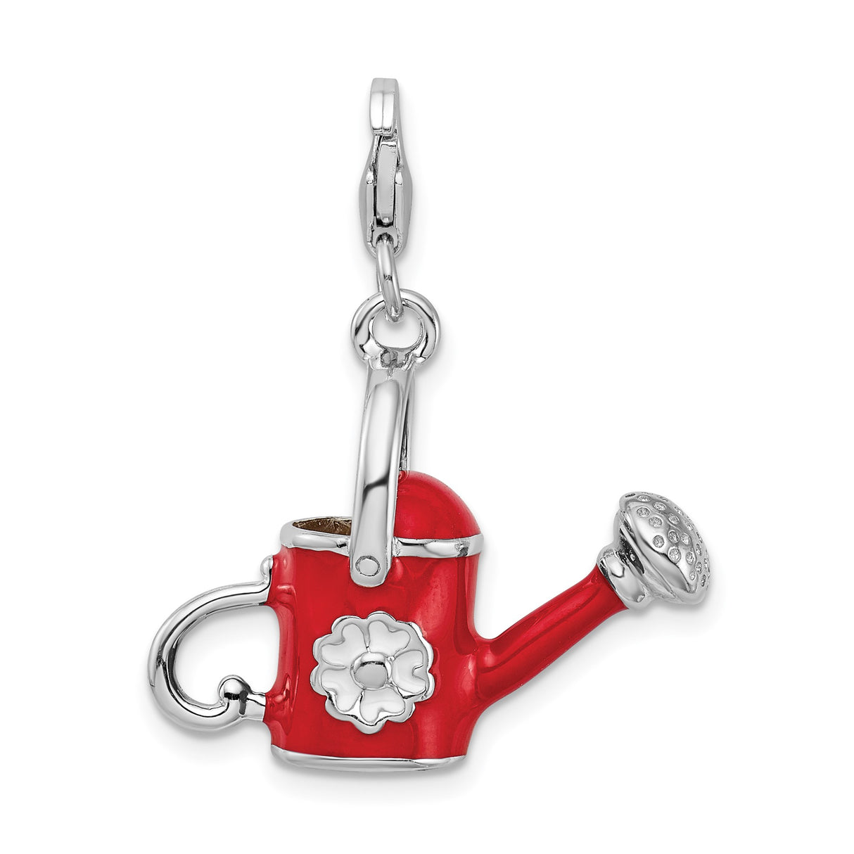 Sterling Silver Watering Can Charm Pendant with Red Enamel and White Flower, Garden Theme