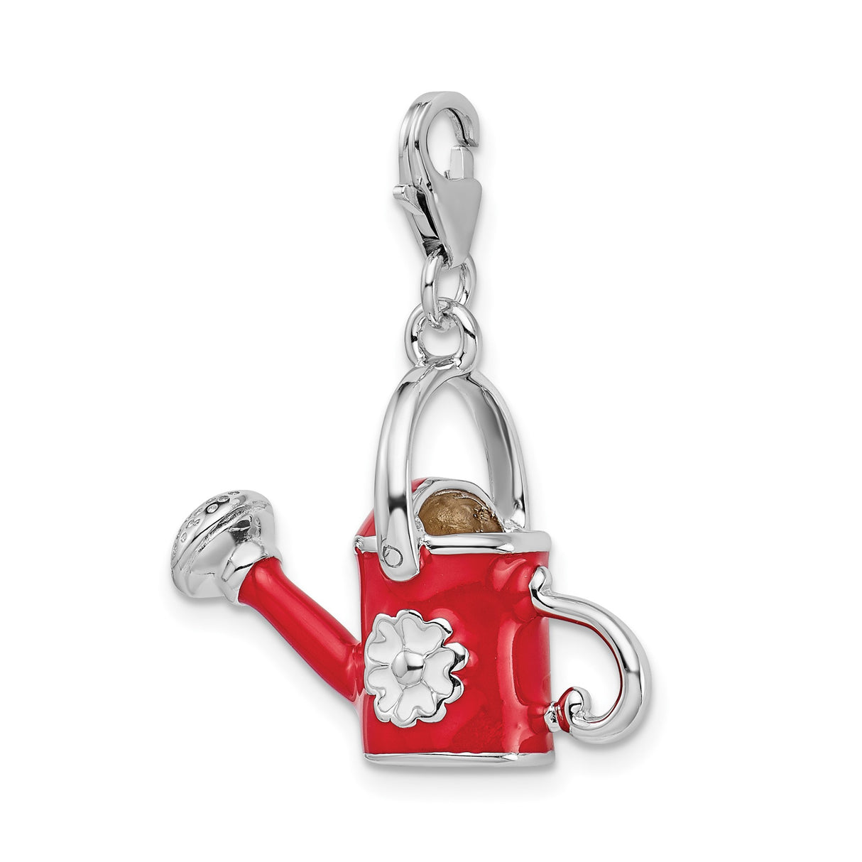 Sterling Silver Watering Can Charm Pendant with Red Enamel and White Flower, Garden Theme