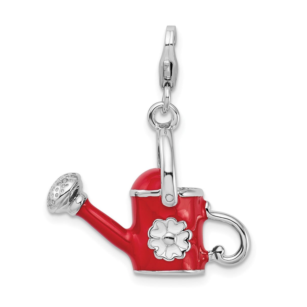 Sterling Silver Watering Can Charm Pendant with Red Enamel and White Flower, Garden Theme