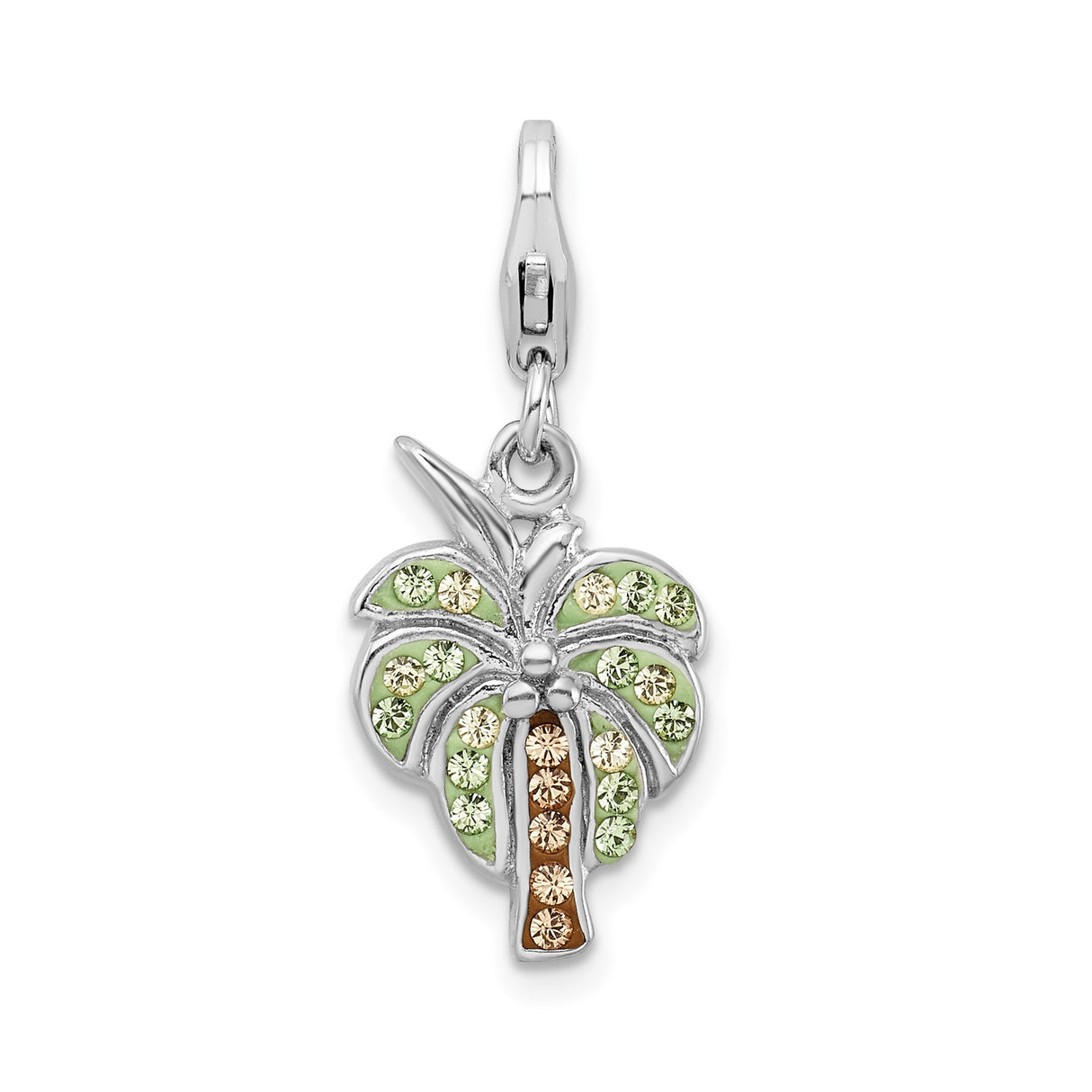Sterling Silver Palm Tree Pendant with Green and Brown Crystals, Tropical Beach Charm