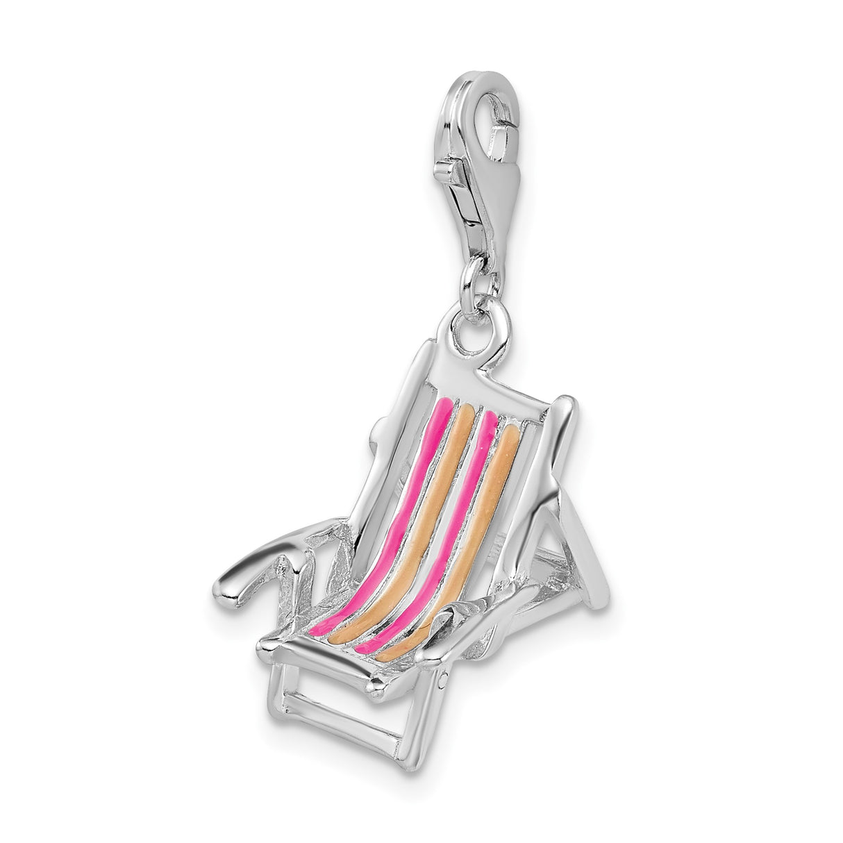 Sterling Silver Beach Chair Charm Pendant with Pink Orange Striped Enamel, Nautical Summer Theme