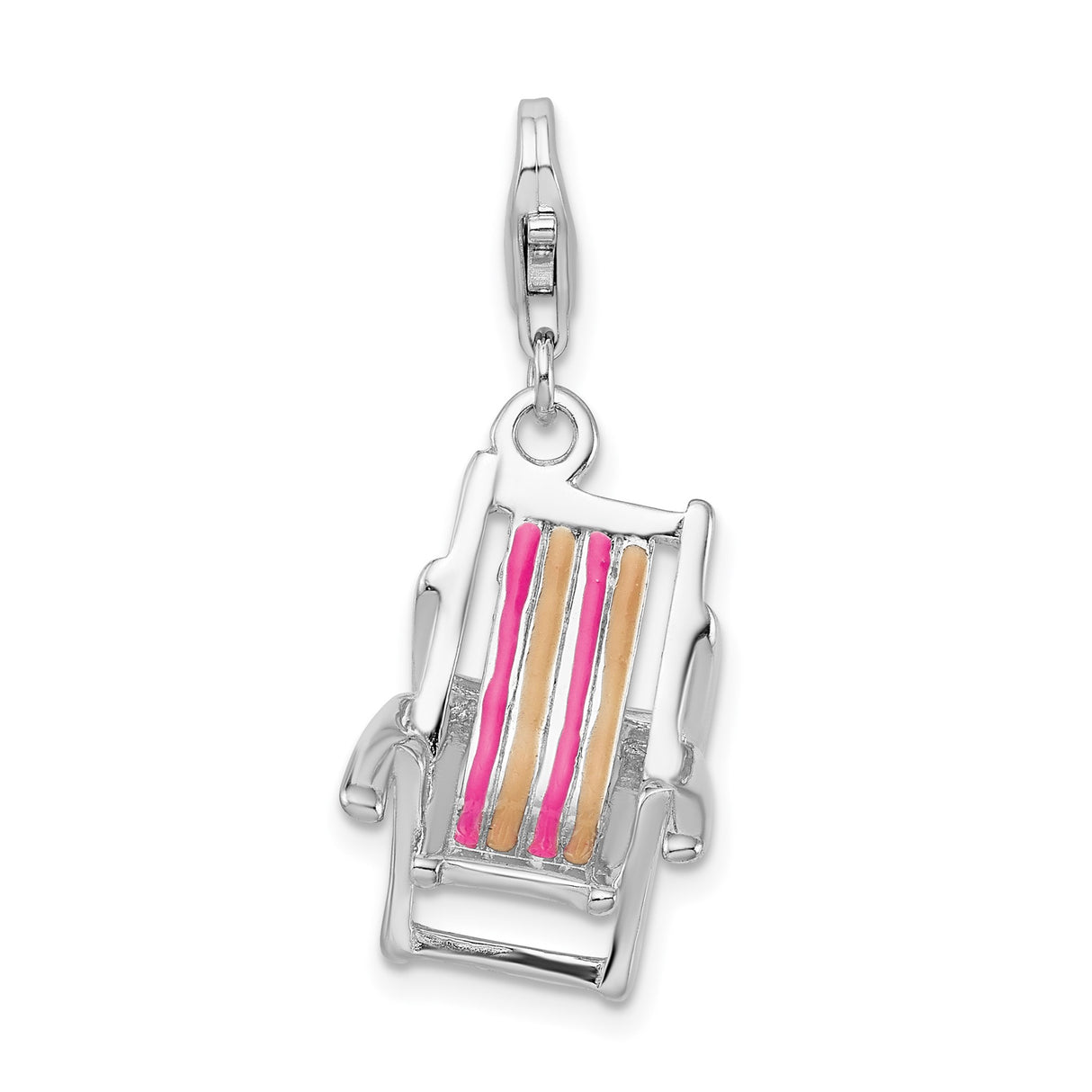 Sterling Silver Beach Chair Charm Pendant with Pink Orange Striped Enamel, Nautical Summer Theme