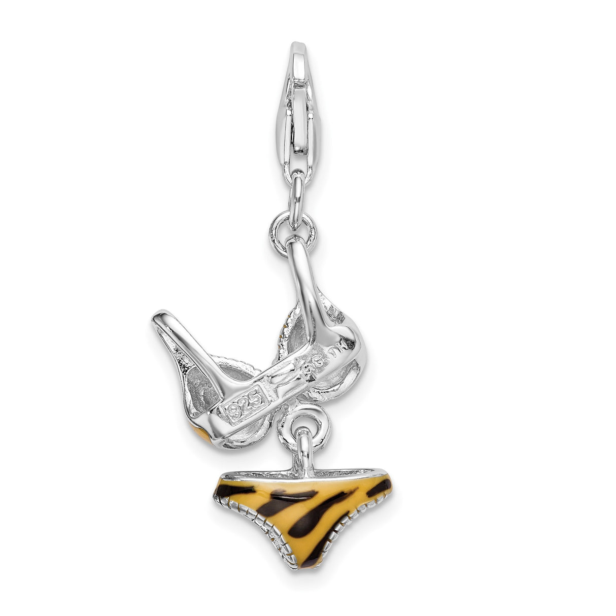 Sterling Silver Bikini Dangle Charm with Cubic Zirconia, Tiger Enamel, Tropical Vacation Style