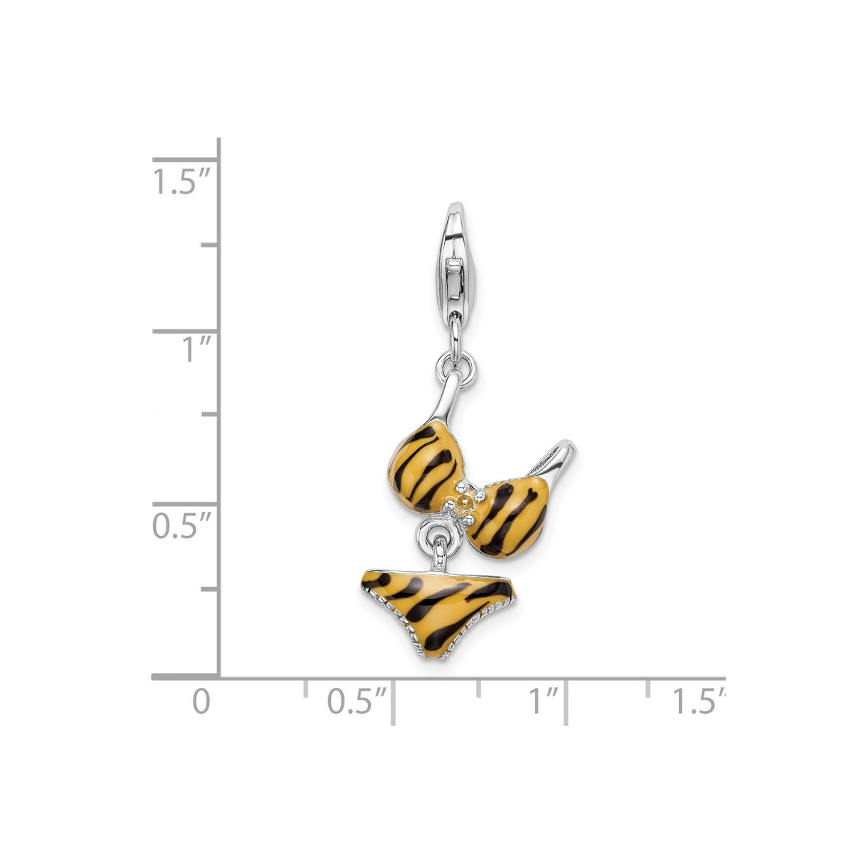 Sterling Silver Bikini Dangle Charm with Cubic Zirconia, Tiger Enamel, Tropical Vacation Style