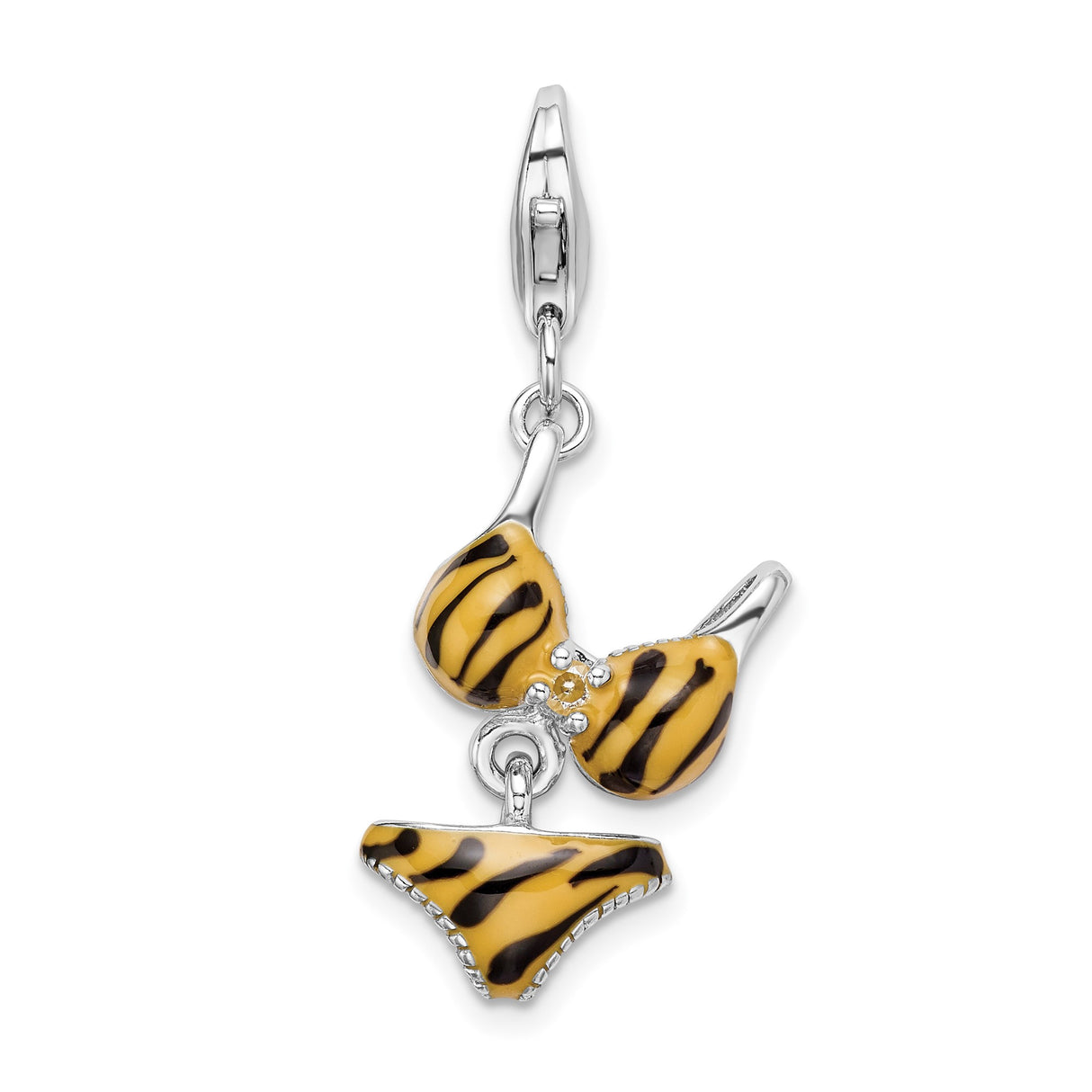 Sterling Silver Bikini Dangle Charm with Cubic Zirconia, Tiger Enamel, Tropical Vacation Style