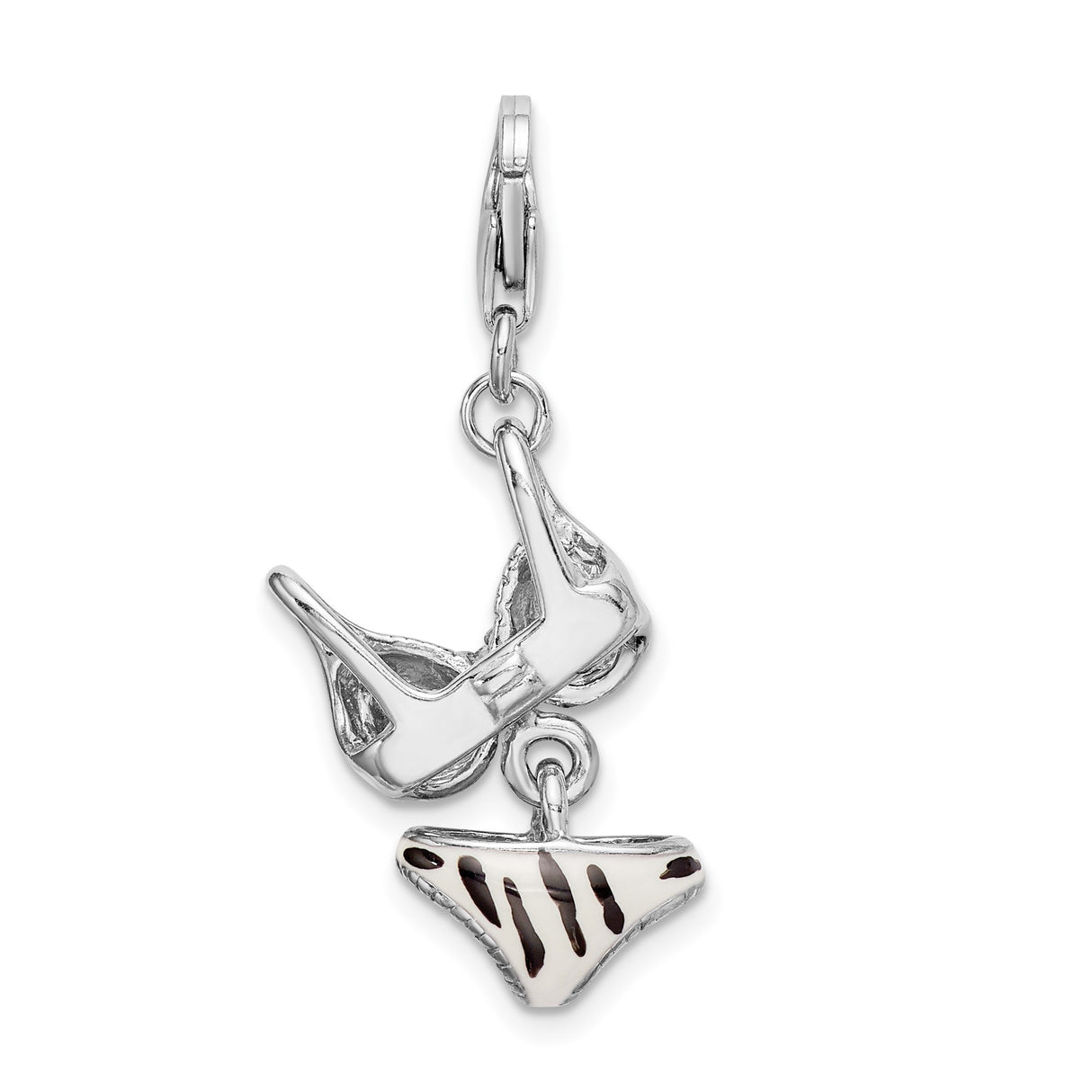 Sterling Silver Bikini Charm with Cubic Zirconia, Black and White Zebra Enamel, Beach Theme