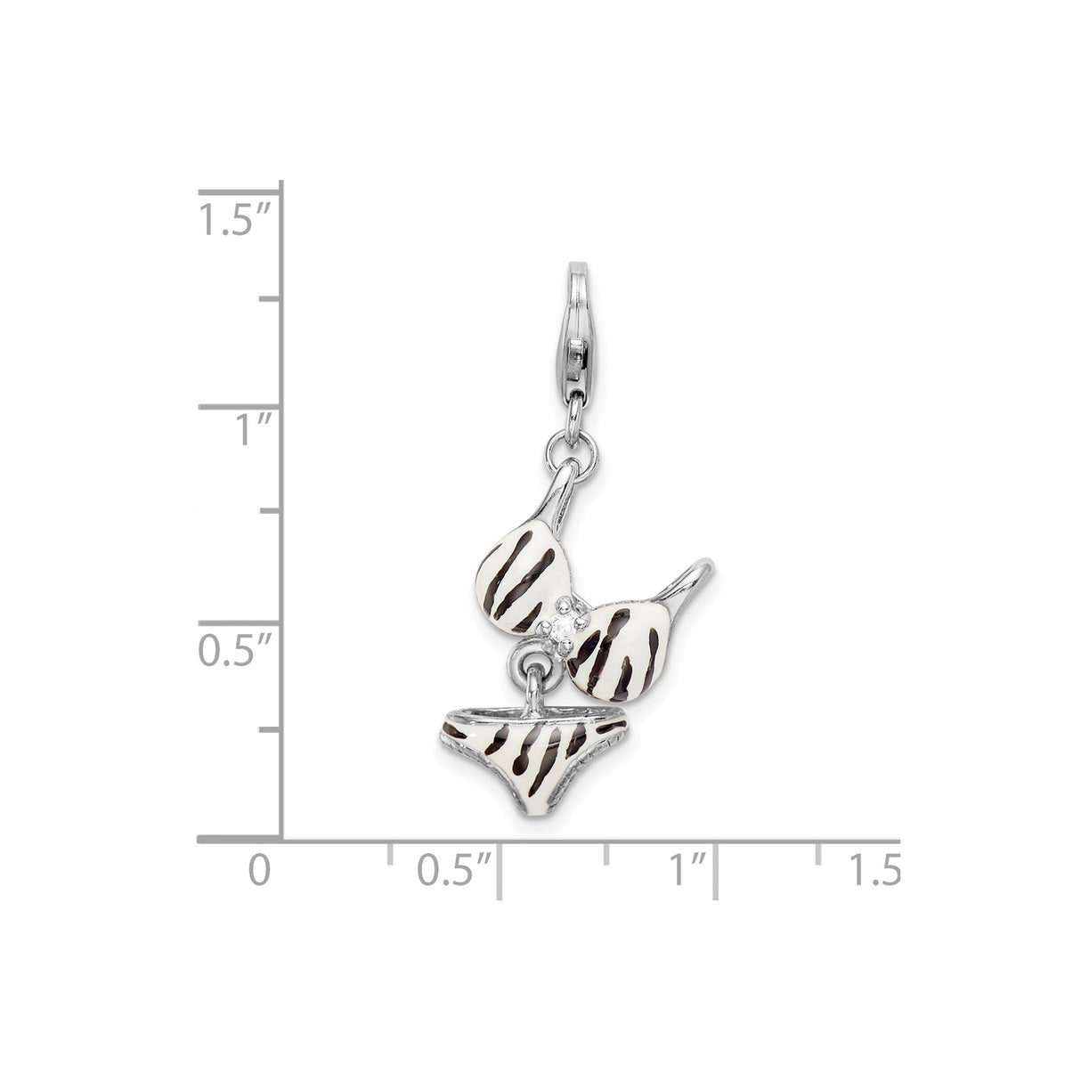 Sterling Silver Bikini Charm with Cubic Zirconia, Black and White Zebra Enamel, Beach Theme