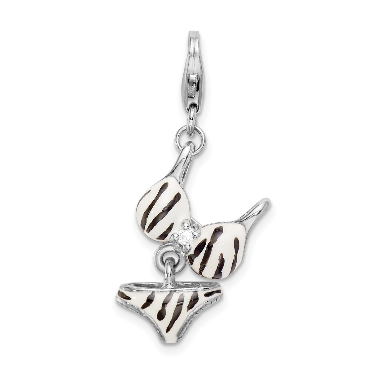 Sterling Silver Bikini Charm with Cubic Zirconia, Black and White Zebra Enamel, Beach Theme