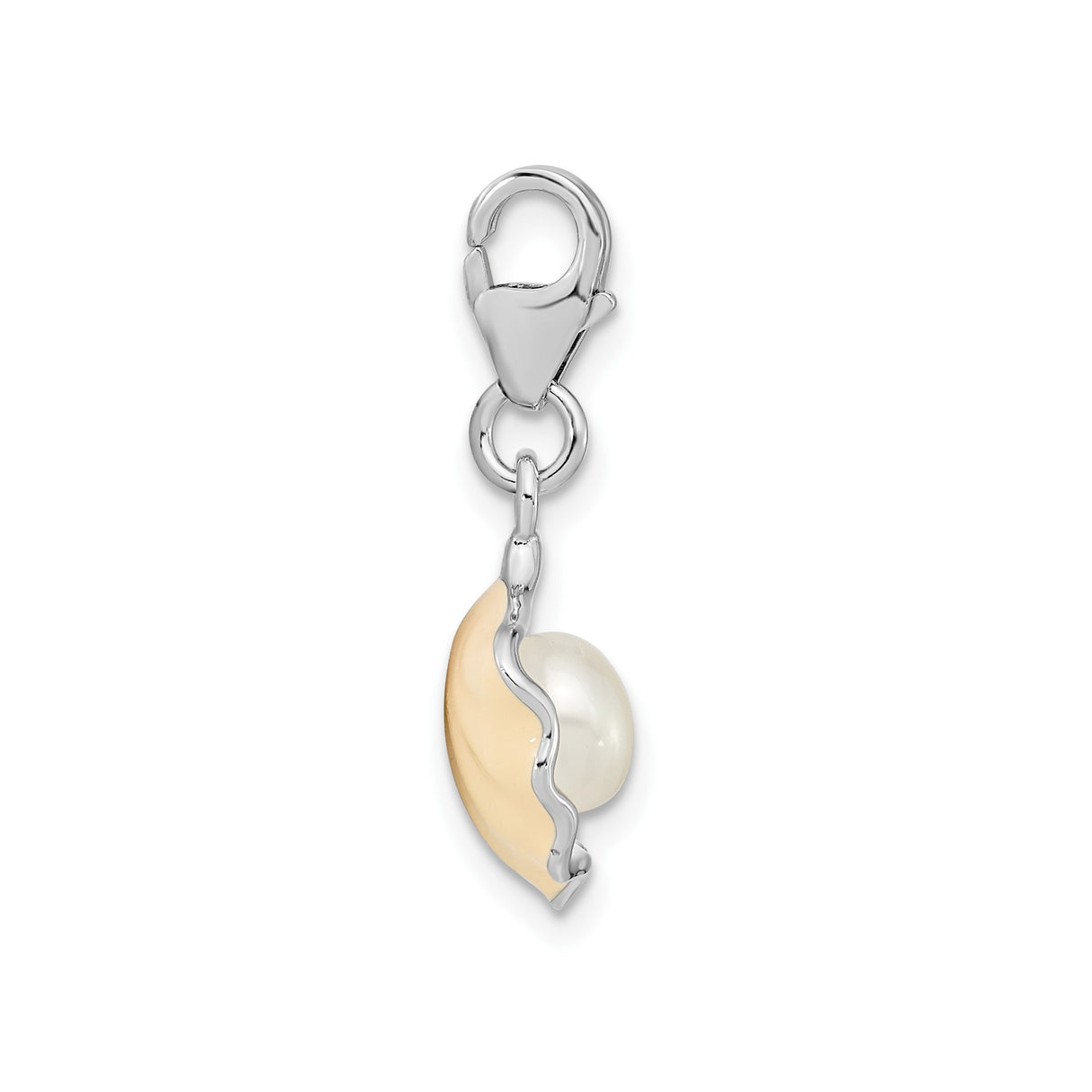Sterling Silver Scallop Shell Pendant with Cultured Pearl and White Enamel, Nautical Beach Charm