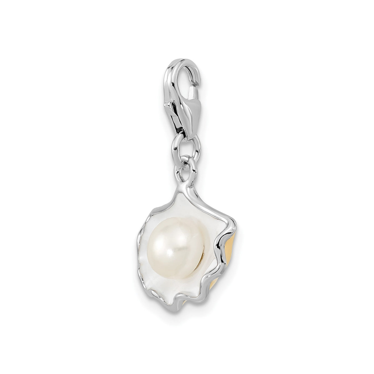 Sterling Silver Scallop Shell Pendant with Cultured Pearl and White Enamel, Nautical Beach Charm