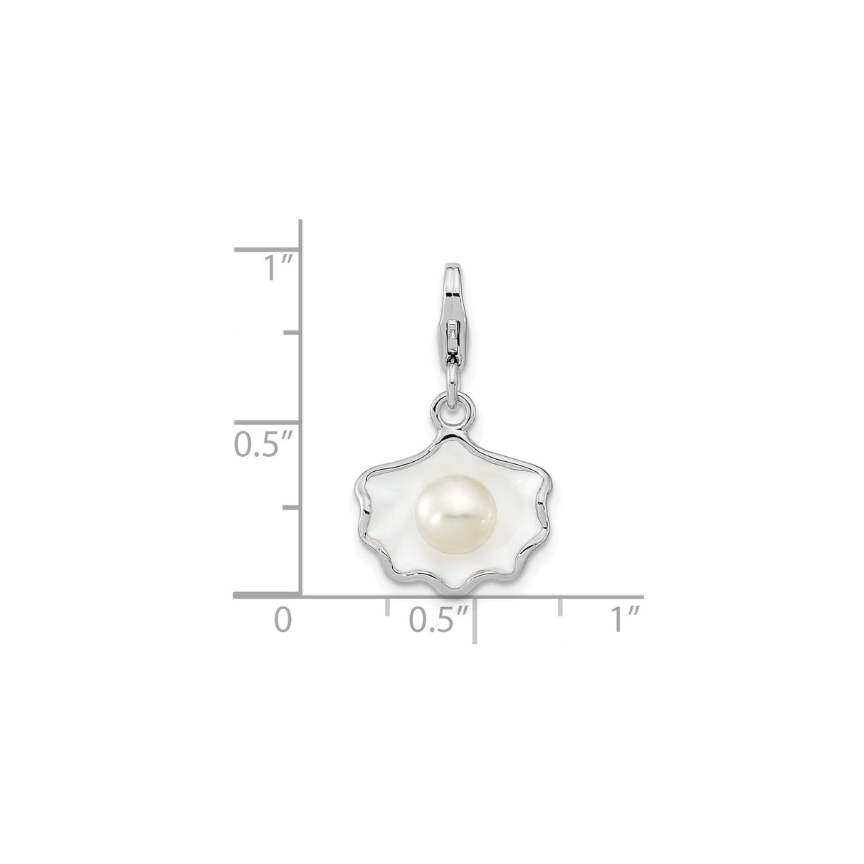 Sterling Silver Scallop Shell Pendant with Cultured Pearl and White Enamel, Nautical Beach Charm