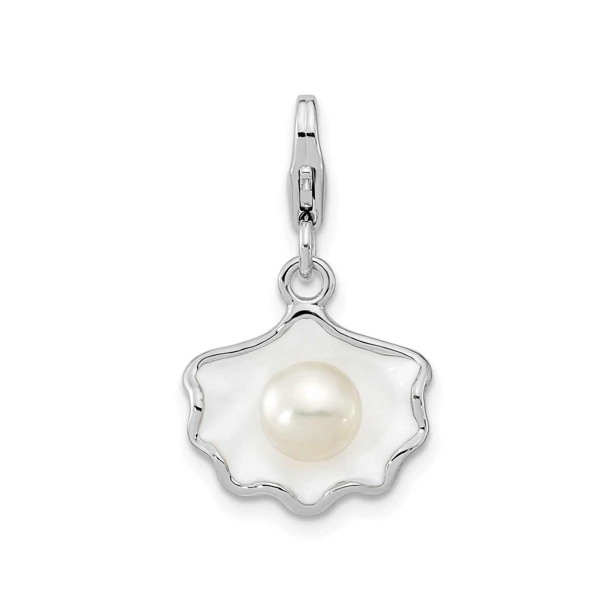 Sterling Silver Scallop Shell Pendant with Cultured Pearl and White Enamel, Nautical Beach Charm