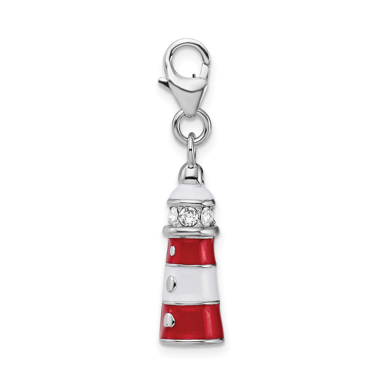 Sterling Silver Lighthouse Charm with Clear Crystal Accents and Enamel Nautical Design