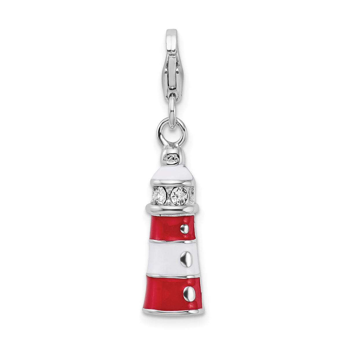 Sterling Silver Lighthouse Charm with Clear Crystal Accents and Enamel Nautical Design