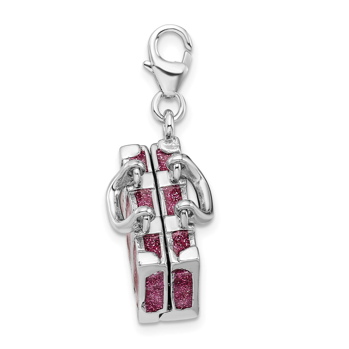 Sterling Silver Travel Suitcase Charm with Pink Glitter and Movable Luggage Detail