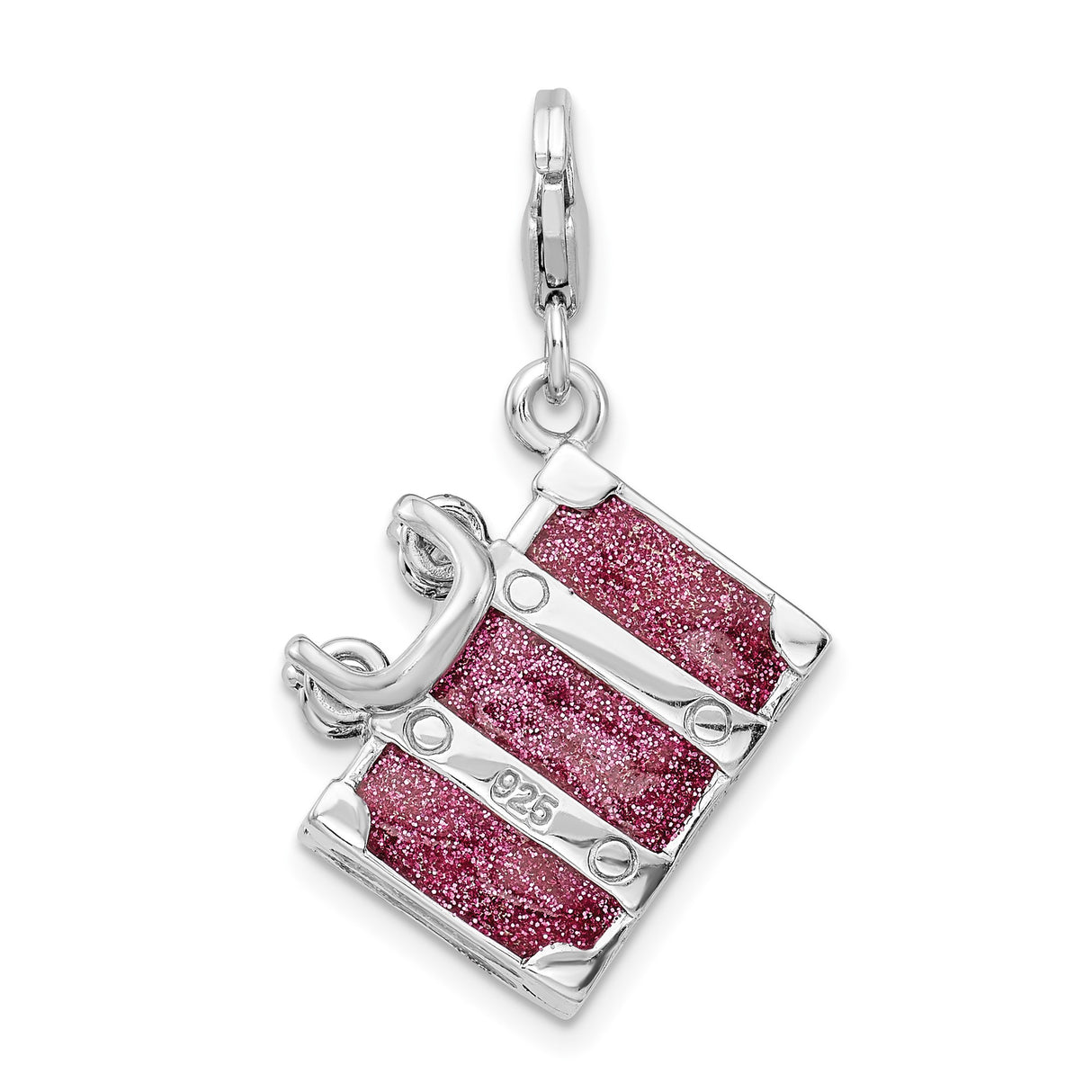 Sterling Silver Travel Suitcase Charm with Pink Glitter and Movable Luggage Detail
