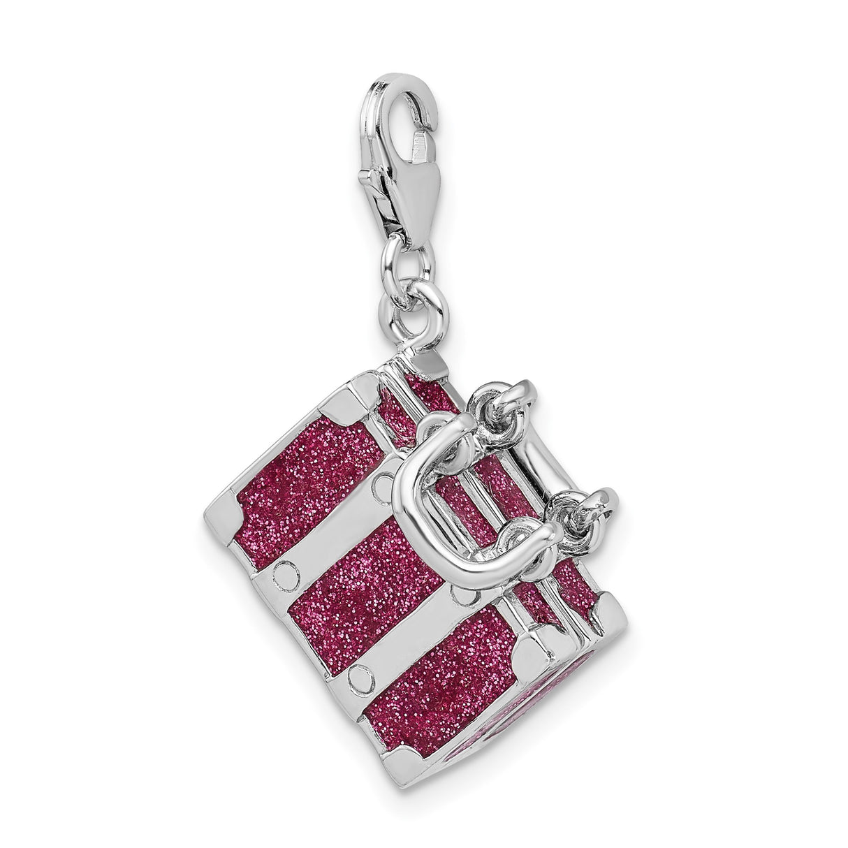 Sterling Silver Travel Suitcase Charm with Pink Glitter and Movable Luggage Detail