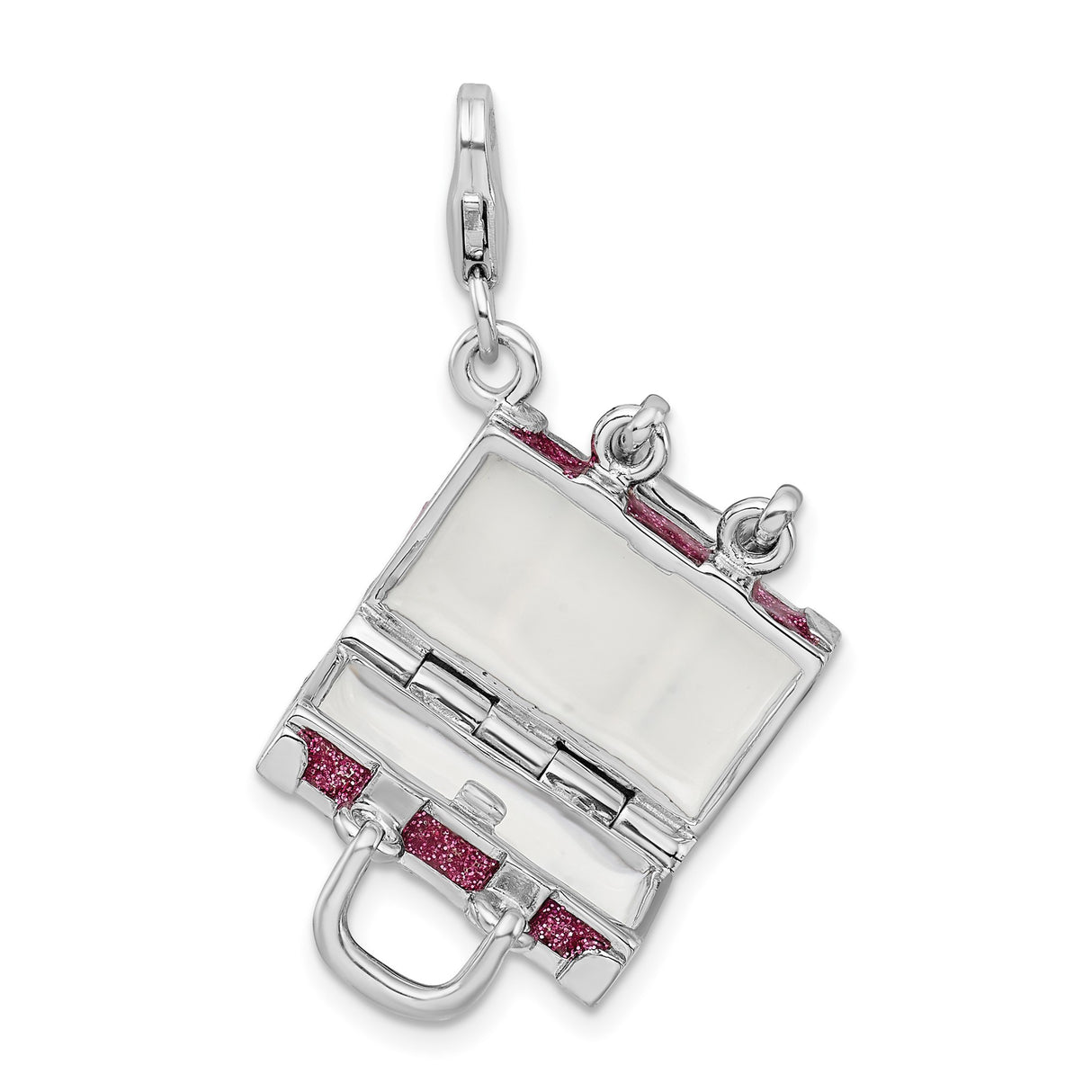 Sterling Silver Travel Suitcase Charm with Pink Glitter and Movable Luggage Detail