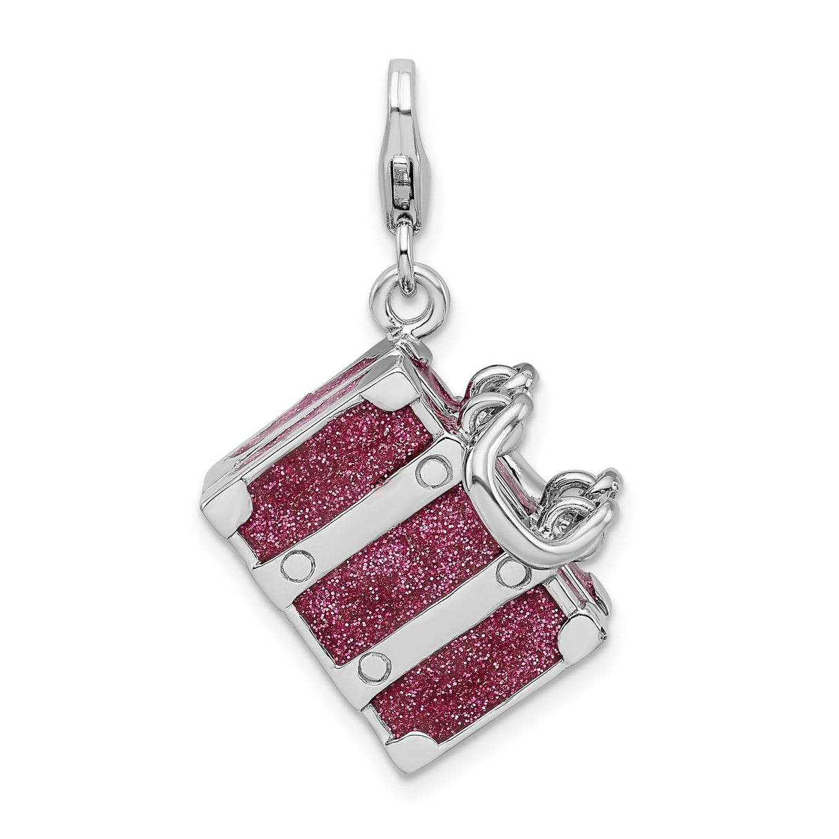 Sterling Silver Travel Suitcase Charm with Pink Glitter and Movable Luggage Detail
