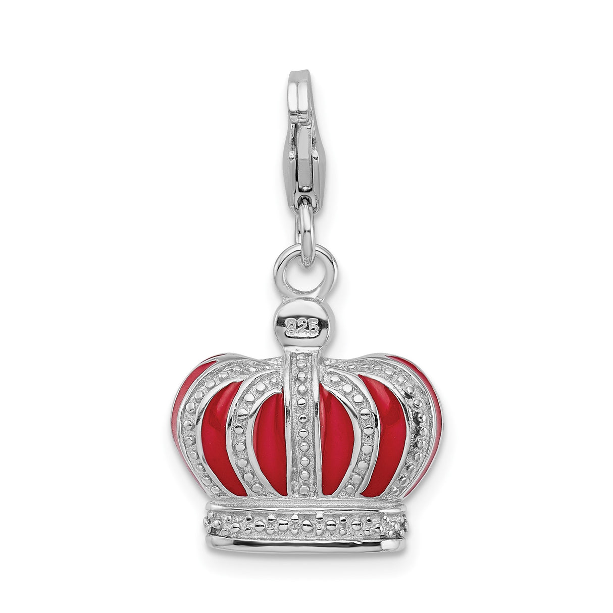 Sterling Silver Crown Charm with Red Enamel and Clear Crystals, Regal Queen Symbol Pendant