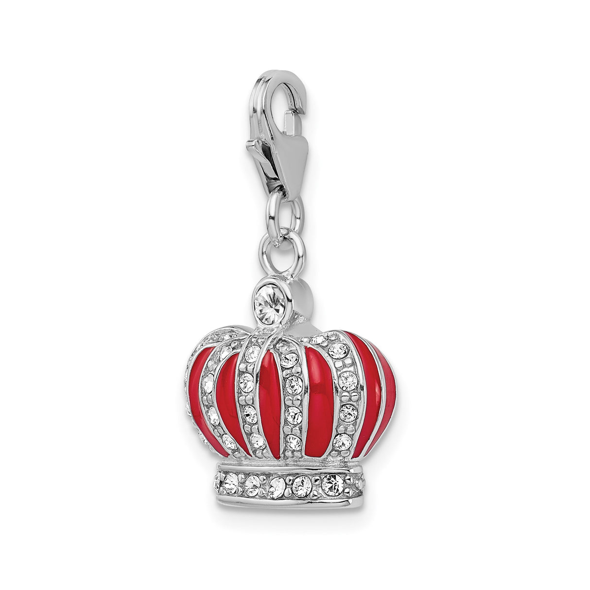Sterling Silver Crown Charm with Red Enamel and Clear Crystals, Regal Queen Symbol Pendant