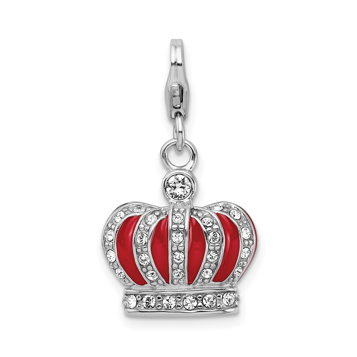 Sterling Silver Crown Charm with Red Enamel and Clear Crystals, Regal Queen Symbol Pendant