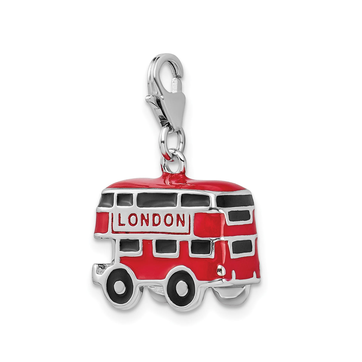 Sterling Silver Double-Decker Bus Charm with Red Enamel, British Travel Theme