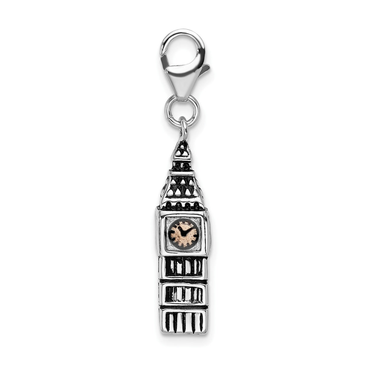 Sterling Silver Big Ben Pendant Charm with Bronze Clock Face, 3D London Tower Replica