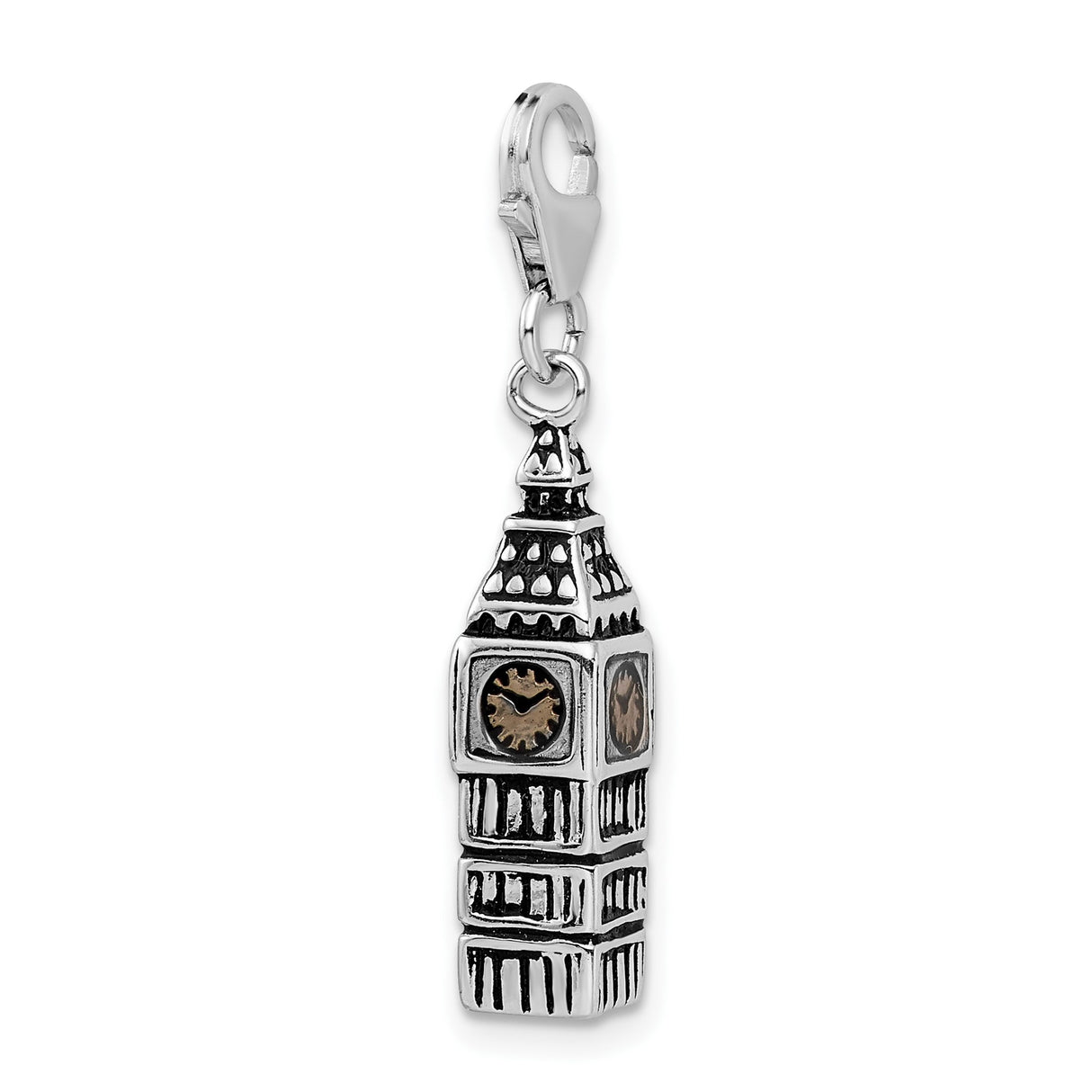 Sterling Silver Big Ben Pendant Charm with Bronze Clock Face, 3D London Tower Replica