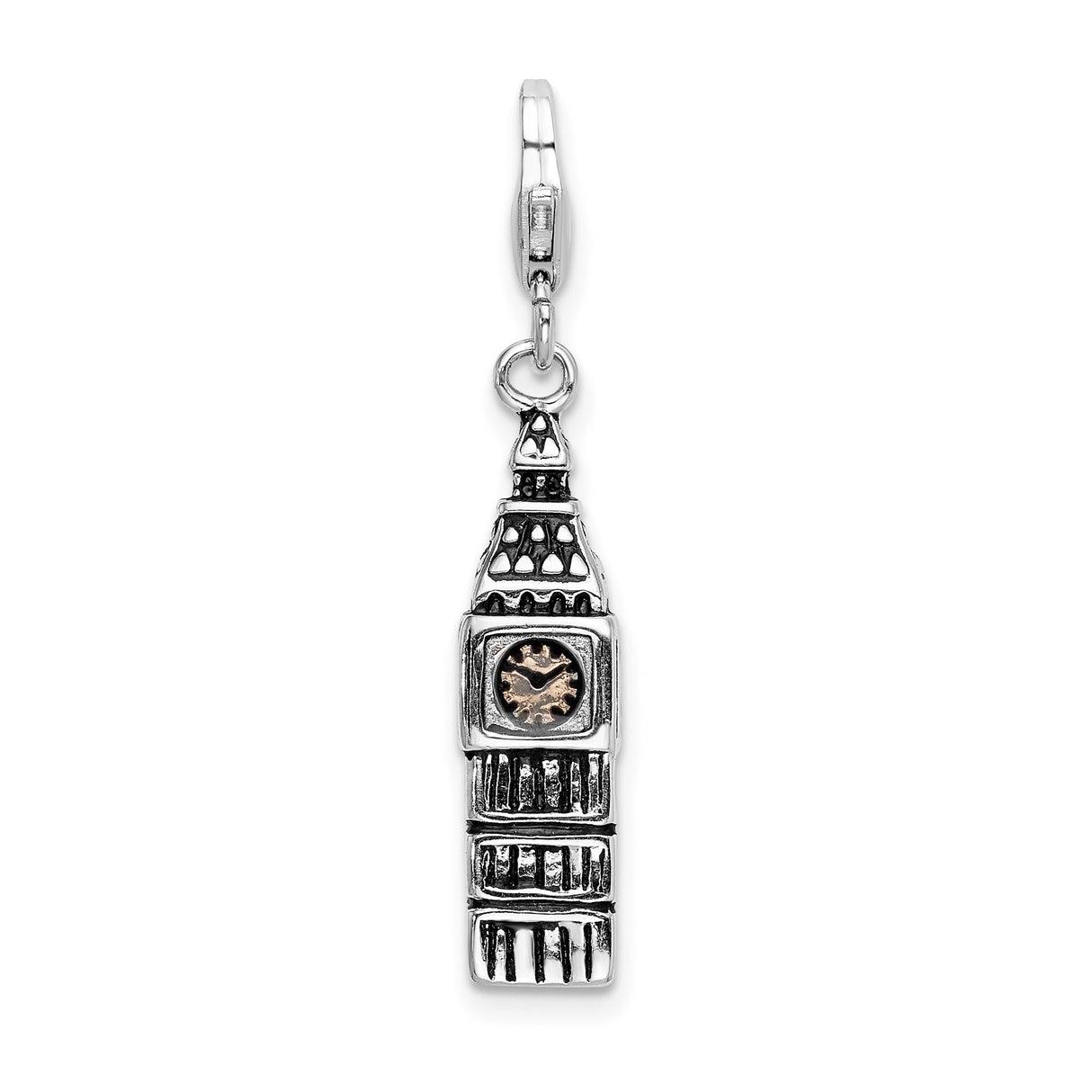 Sterling Silver Big Ben Pendant Charm with Bronze Clock Face, 3D London Tower Replica