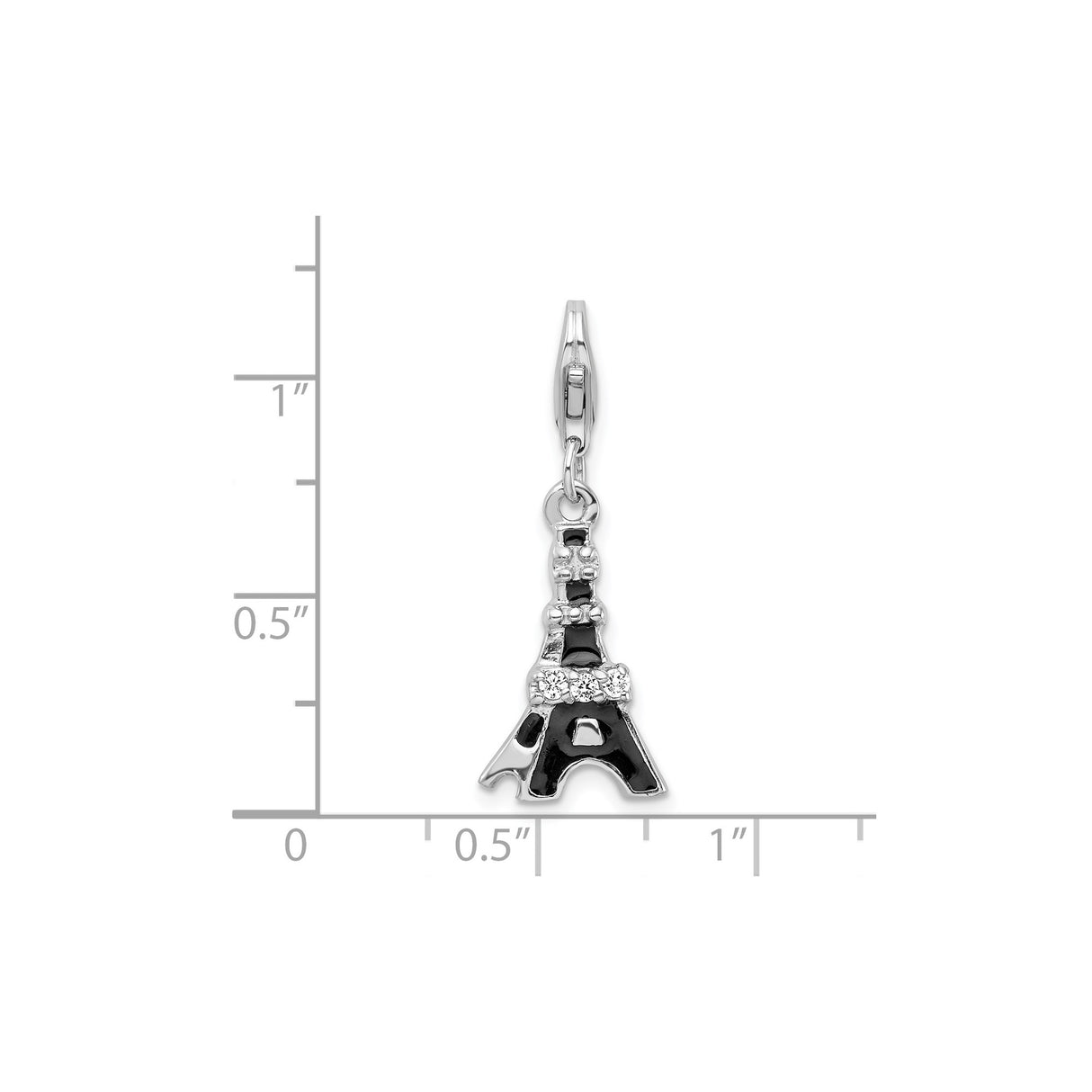 Sterling Silver Eiffel Tower Charm Pendant with Black Enamel and Cubic Zirconia
