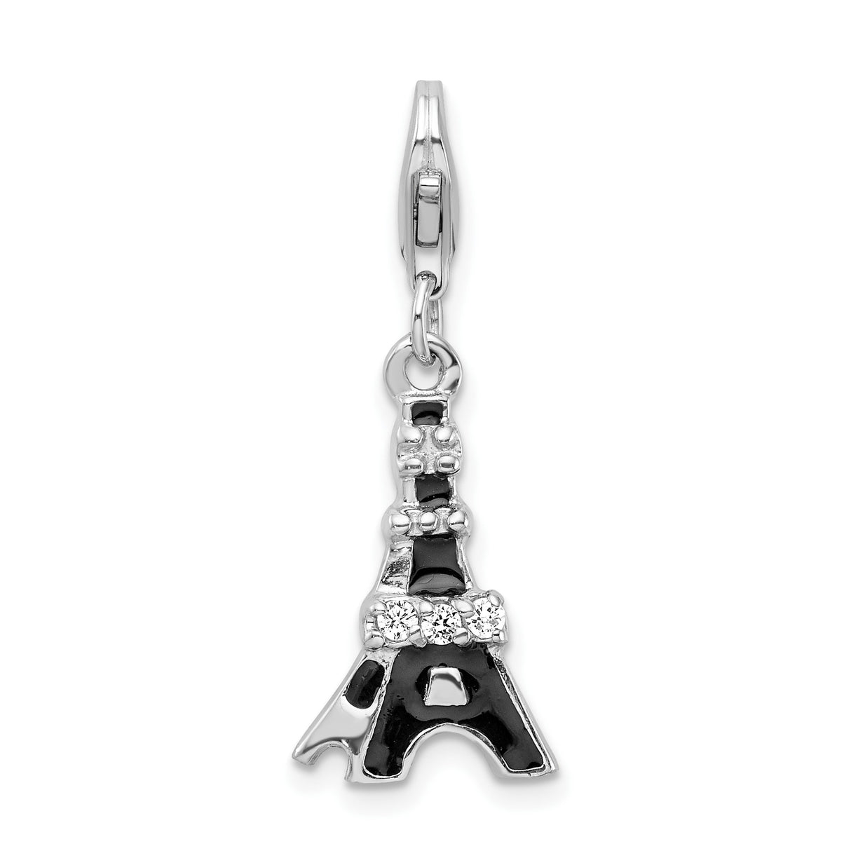 Sterling Silver Eiffel Tower Charm Pendant with Black Enamel and Cubic Zirconia