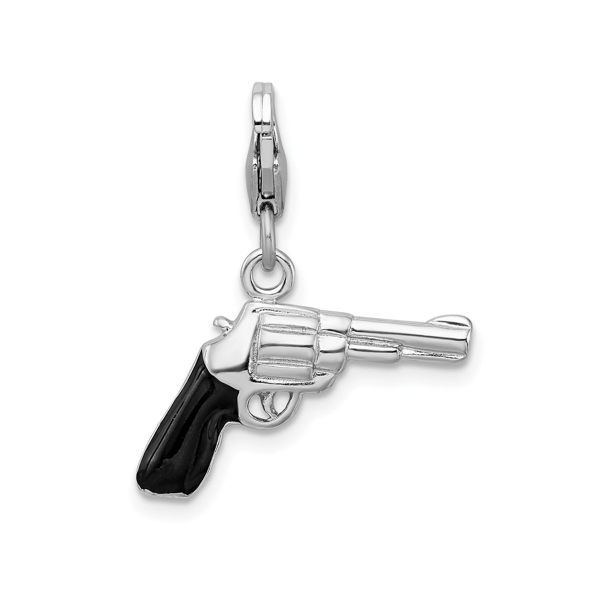 Sterling Silver Revolver Pendant with Black Enamel Grip, Western Handgun Design
