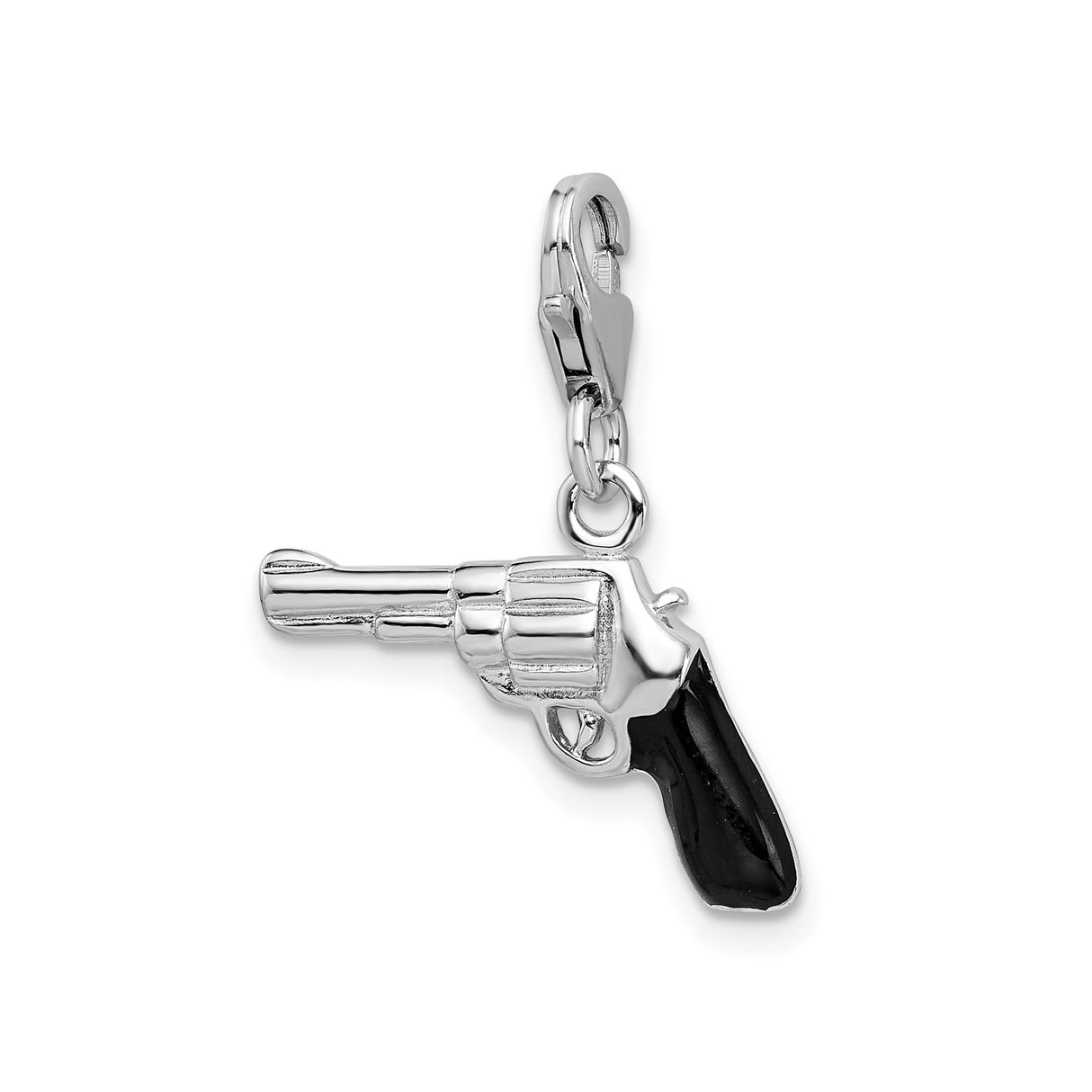 Sterling Silver Revolver Pendant with Black Enamel Grip, Western Handgun Design