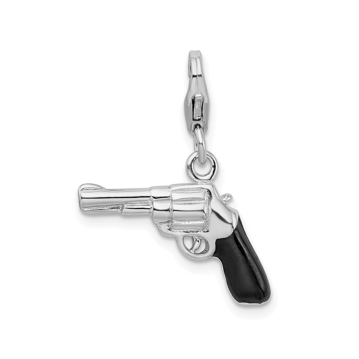 Sterling Silver Revolver Pendant with Black Enamel Grip, Western Handgun Design