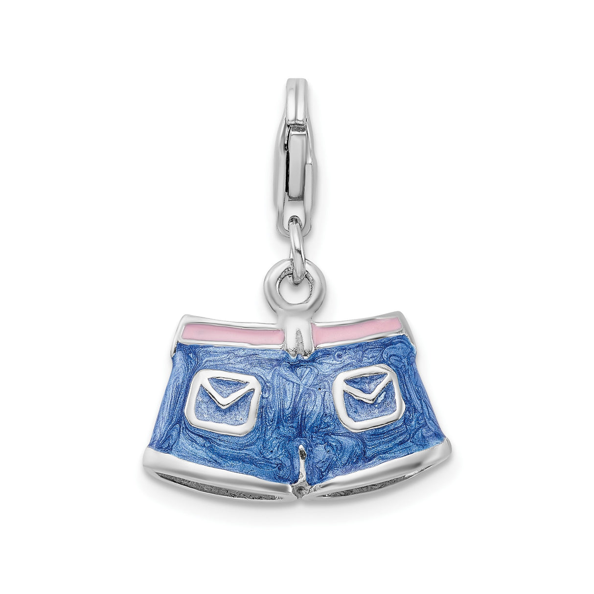 Sterling Silver Denim Shorts Charm Pendant with Pink Enamel Accents, Youthful Summer Style