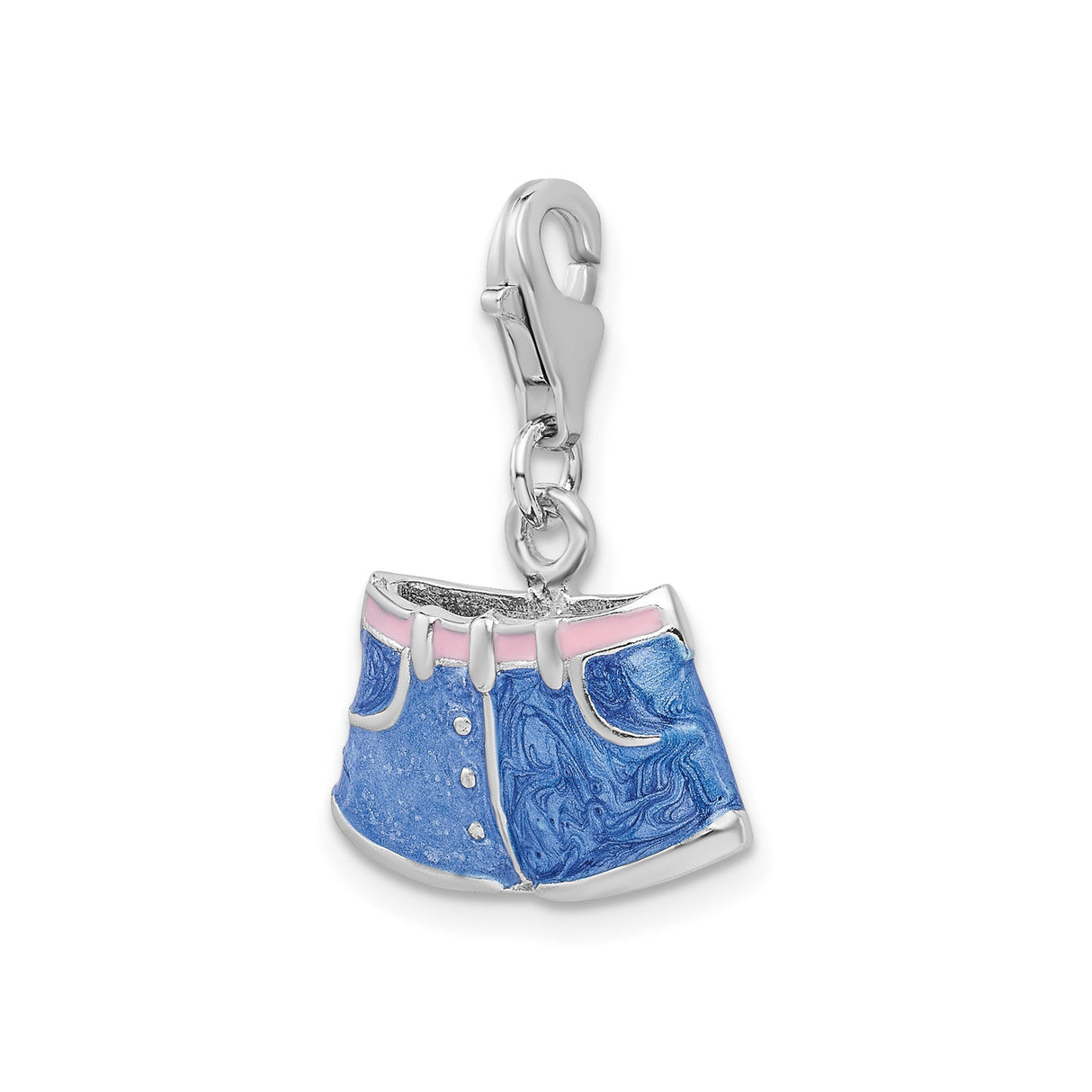 Sterling Silver Denim Shorts Charm Pendant with Pink Enamel Accents, Youthful Summer Style