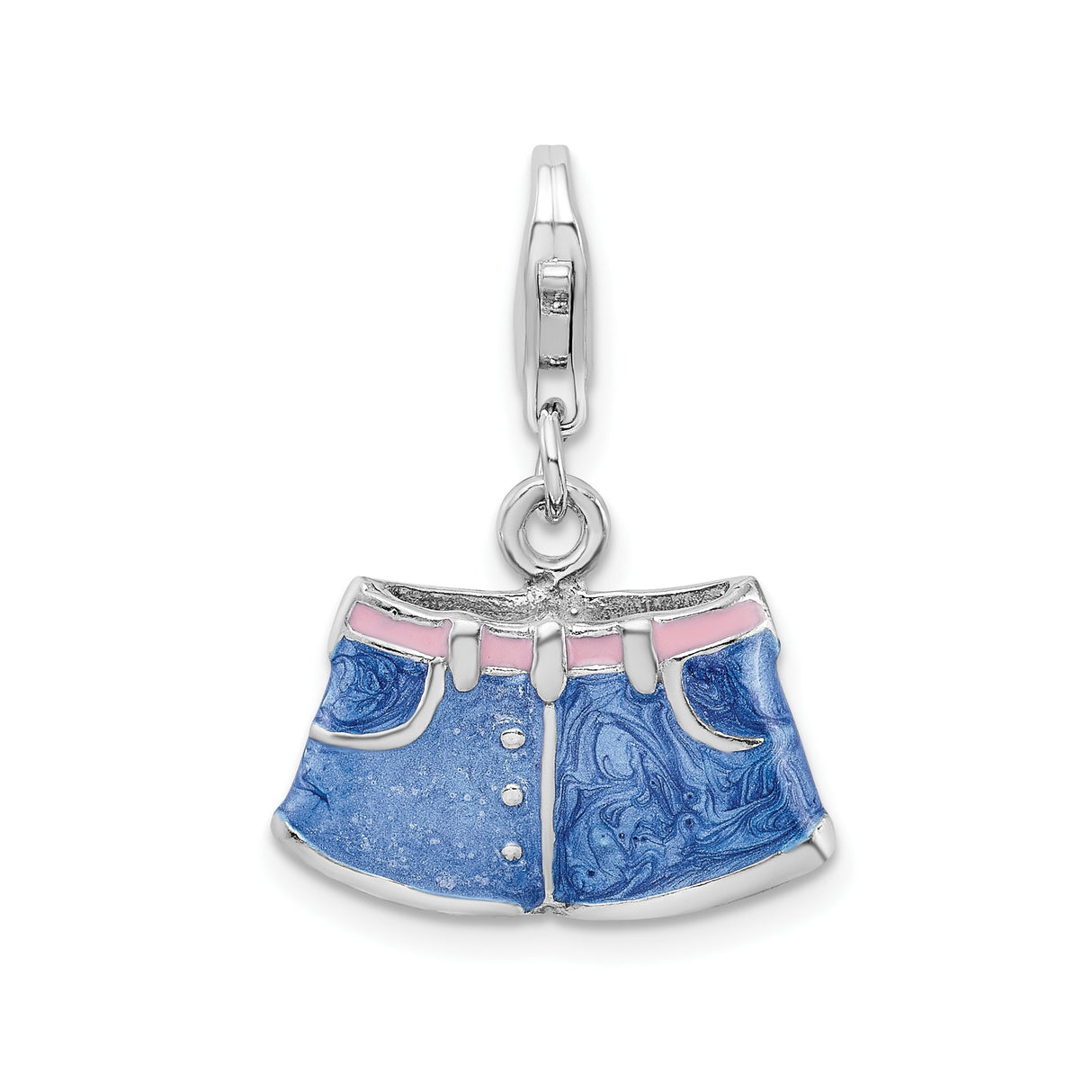 Sterling Silver Denim Shorts Charm Pendant with Pink Enamel Accents, Youthful Summer Style